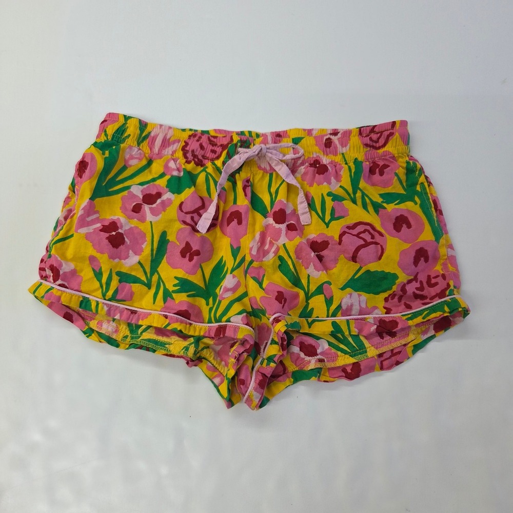 ban.do Floral Lounge Shorts Womens Small Yellow Pink Cotton Drawstring Pockets